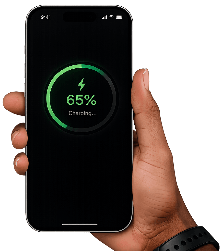 Hand holding a phone showing a charging session in progress